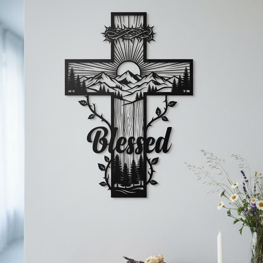 Christianartworkshop Wanddekoration aus Metall mit Weinrankenbordüre, gesegnetem Bergkreuz: Symbol des göttlichen Segens - image 0