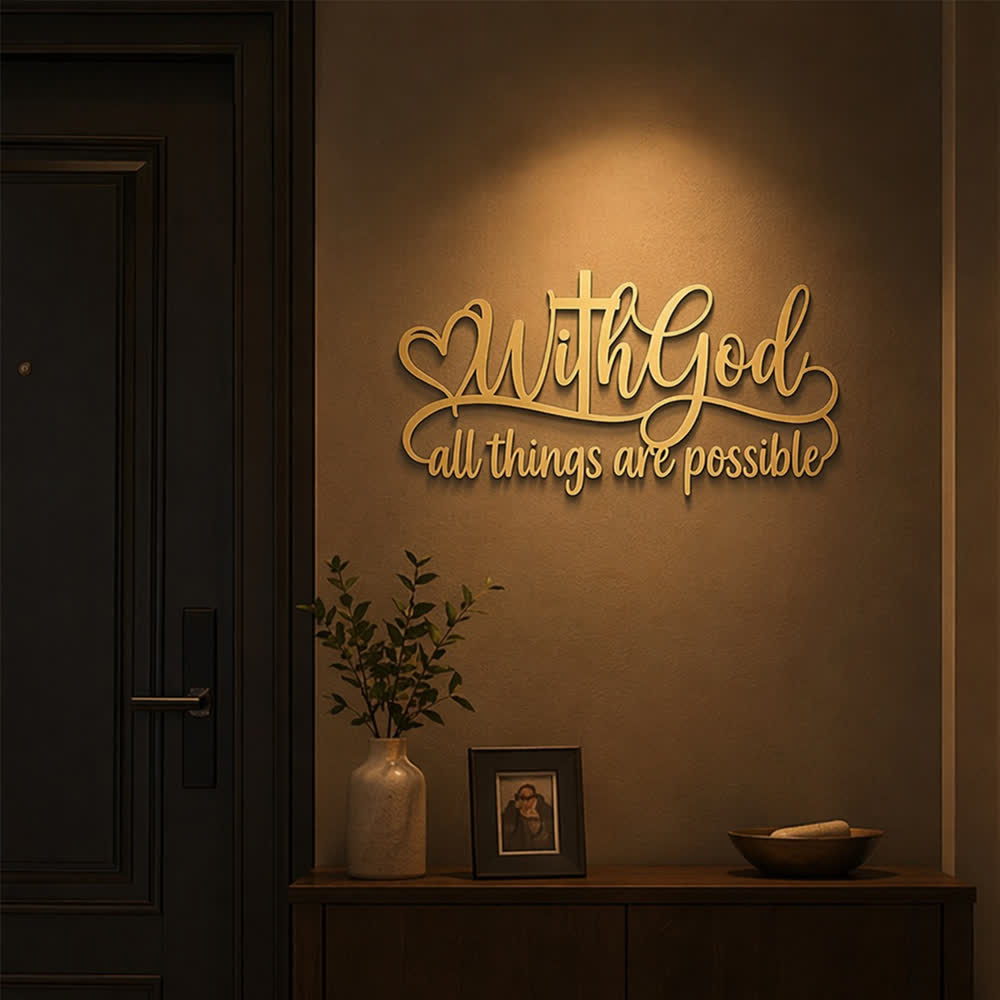 Christianartworkshop Goldenes Herzkreuz mit der Aufschrift „Gott, alles ist möglich“ – Metall-Wanddekoration: Symbol grenzenloser göttlicher Kraft - image 2