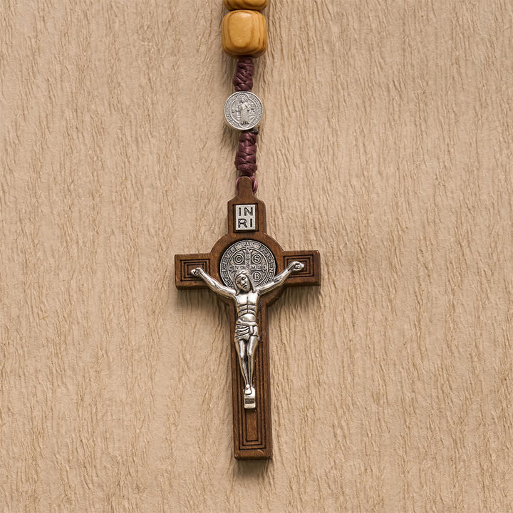 Christianartworkshop Rosenkranz aus naturbelassenem Fassholz mit geknoteter Kordel und Mini-Medaillons des Heiligen Benedikt - image 6