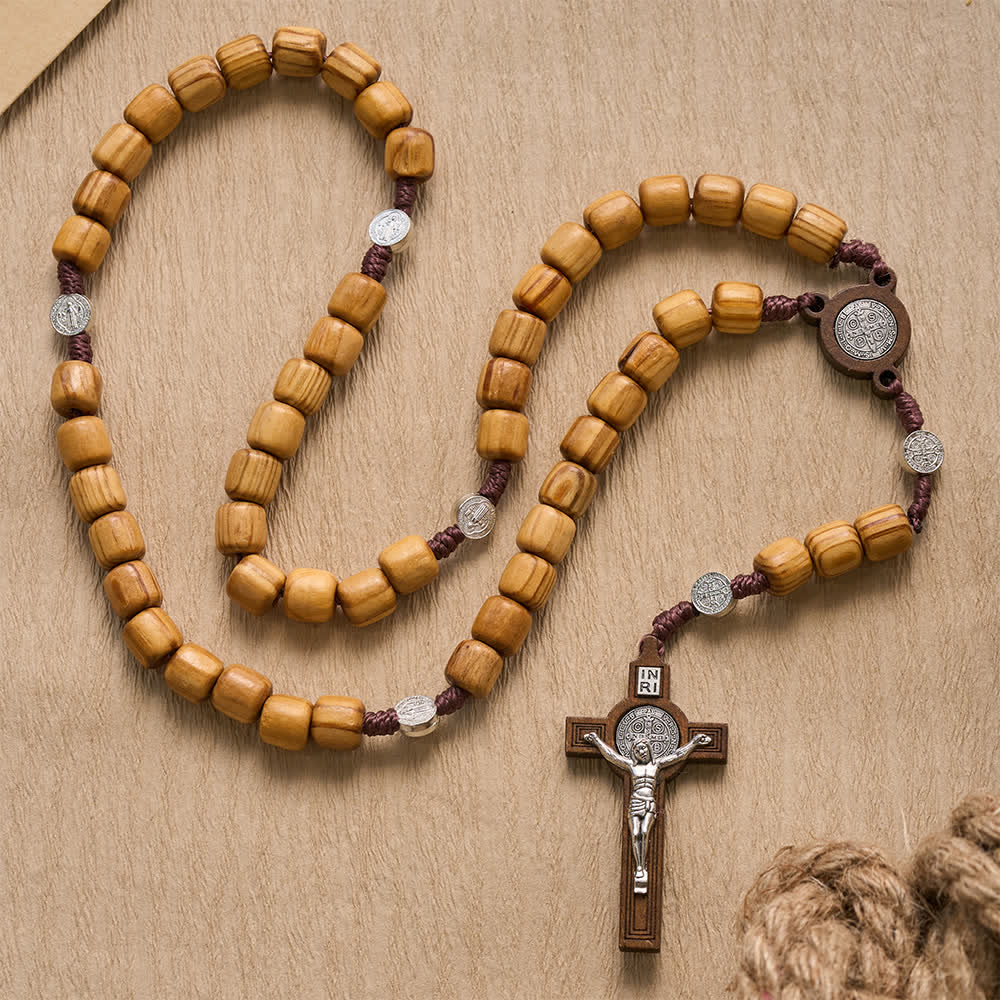 Christianartworkshop Rosenkranz aus naturbelassenem Fassholz mit geknoteter Kordel und Mini-Medaillons des Heiligen Benedikt - image 2