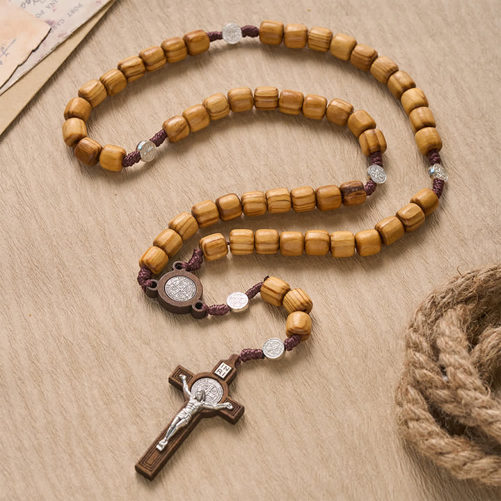 Christianartworkshop Rosenkranz aus naturbelassenem Fassholz mit geknoteter Kordel und Mini-Medaillons des Heiligen Benedikt - Rosenkranz aus Holz, St. Benedikt - image 0