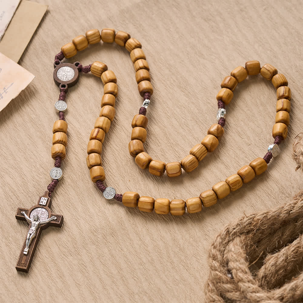 Christianartworkshop Rosenkranz aus naturbelassenem Fassholz mit geknoteter Kordel und Mini-Medaillons des Heiligen Benedikt - image 1