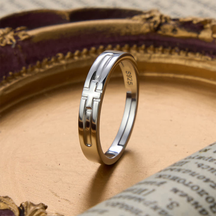 Christianartworkshop Doppelt gestaltete, verstellbare Partnerring-Sets aus Sterlingsilber mit Kreuzmotiv: Symbol des vereinten himmlischen Bundes - image 3