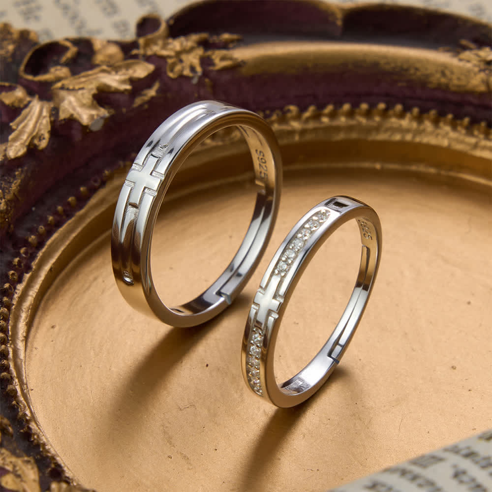 Christianartworkshop Doppelt gestaltete, verstellbare Partnerring-Sets aus Sterlingsilber mit Kreuzmotiv: Symbol des vereinten himmlischen Bundes - Ein Set aus 2 Stück (passend für US-Größen 6 - 11) - image 0