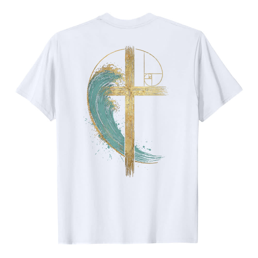 Christianartworkshop Klassisches T-Shirt mit goldenem Kreuz, Wellen, Fibonacci-Folgen und beidseitigem Druck - image 7