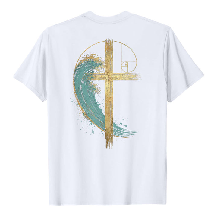 Christianartworkshop Klassisches T-Shirt mit goldenem Kreuz, Wellen, Fibonacci-Folgen und beidseitigem Druck - image 7