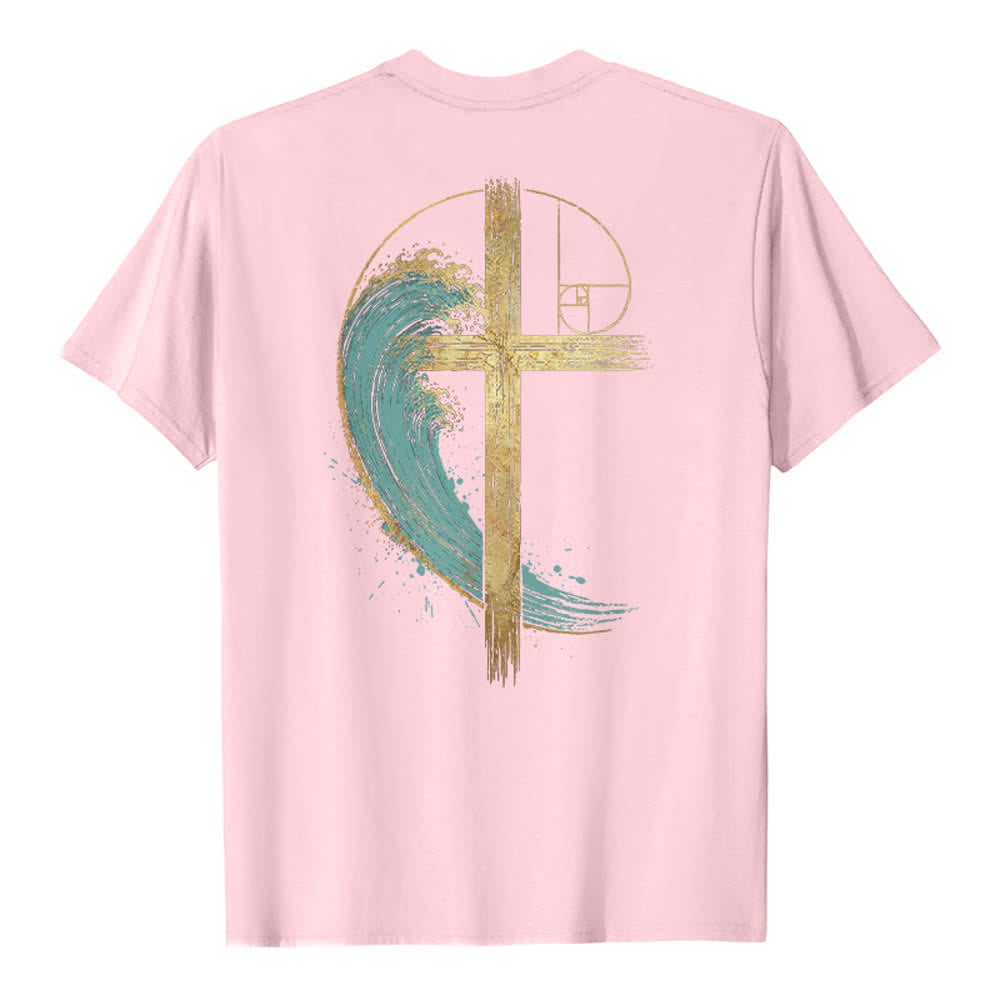 Christianartworkshop Klassisches T-Shirt mit goldenem Kreuz, Wellen, Fibonacci-Folgen und beidseitigem Druck - image 4