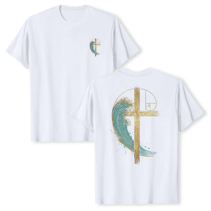 Christianartworkshop Klassisches T-Shirt mit goldenem Kreuz, Wellen, Fibonacci-Folgen und beidseitigem Druck - Weiß - 2XL - image 6