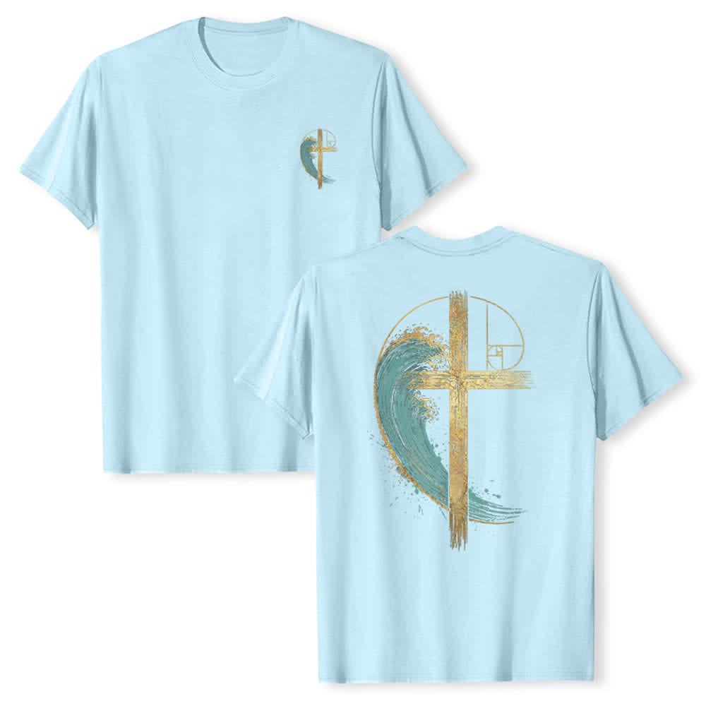 Christianartworkshop Klassisches T-Shirt mit goldenem Kreuz, Wellen, Fibonacci-Folgen und beidseitigem Druck - Blau - 2XL - image 21