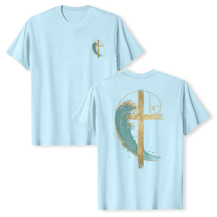 Christianartworkshop Klassisches T-Shirt mit goldenem Kreuz, Wellen, Fibonacci-Folgen und beidseitigem Druck - Blau - 2XL - image 21
