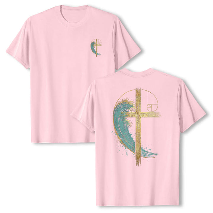 Christianartworkshop Klassisches T-Shirt mit goldenem Kreuz, Wellen, Fibonacci-Folgen und beidseitigem Druck - Rosa - 2XL - image 3