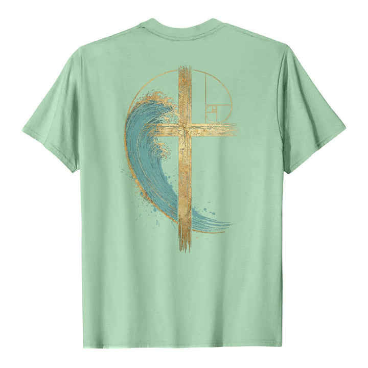 Christianartworkshop Klassisches T-Shirt mit goldenem Kreuz, Wellen, Fibonacci-Folgen und beidseitigem Druck - image 1