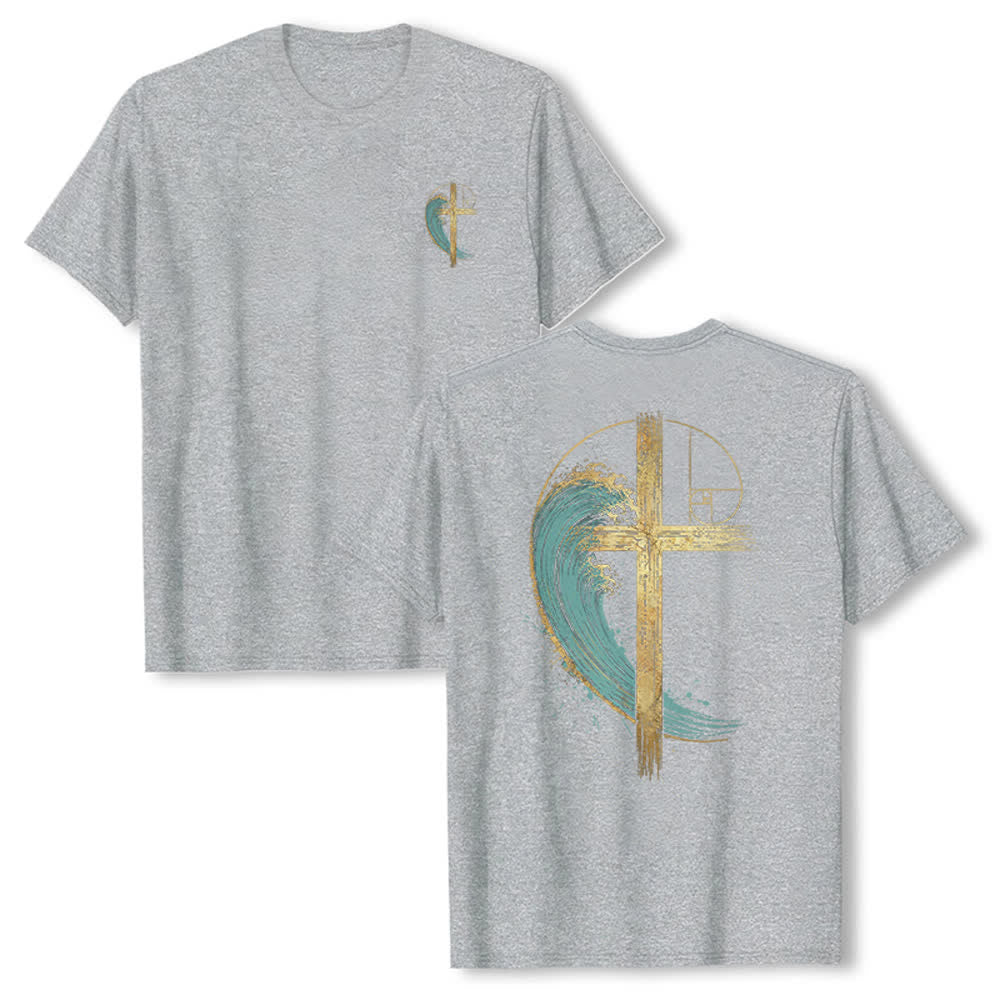 Christianartworkshop Klassisches T-Shirt mit goldenem Kreuz, Wellen, Fibonacci-Folgen und beidseitigem Druck - Grau - 2XL - image 12