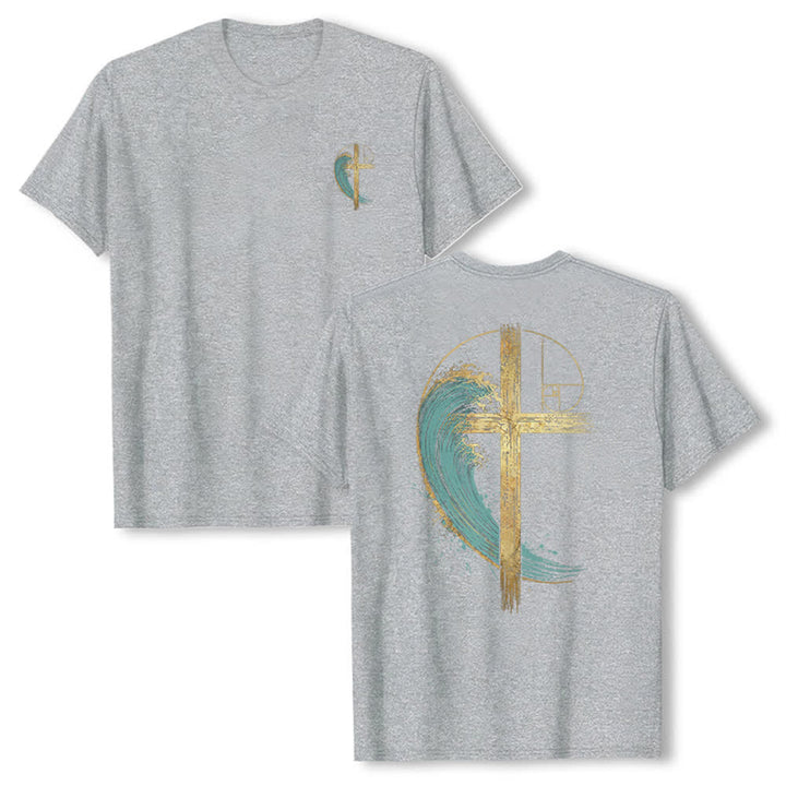 Christianartworkshop Klassisches T-Shirt mit goldenem Kreuz, Wellen, Fibonacci-Folgen und beidseitigem Druck - Grau - 2XL - image 12
