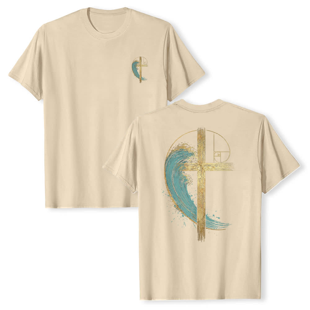 Christianartworkshop Klassisches T-Shirt mit goldenem Kreuz, Wellen, Fibonacci-Folgen und beidseitigem Druck - Beige - 2XL - image 9