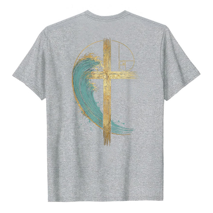 Christianartworkshop Klassisches T-Shirt mit goldenem Kreuz, Wellen, Fibonacci-Folgen und beidseitigem Druck - image 13