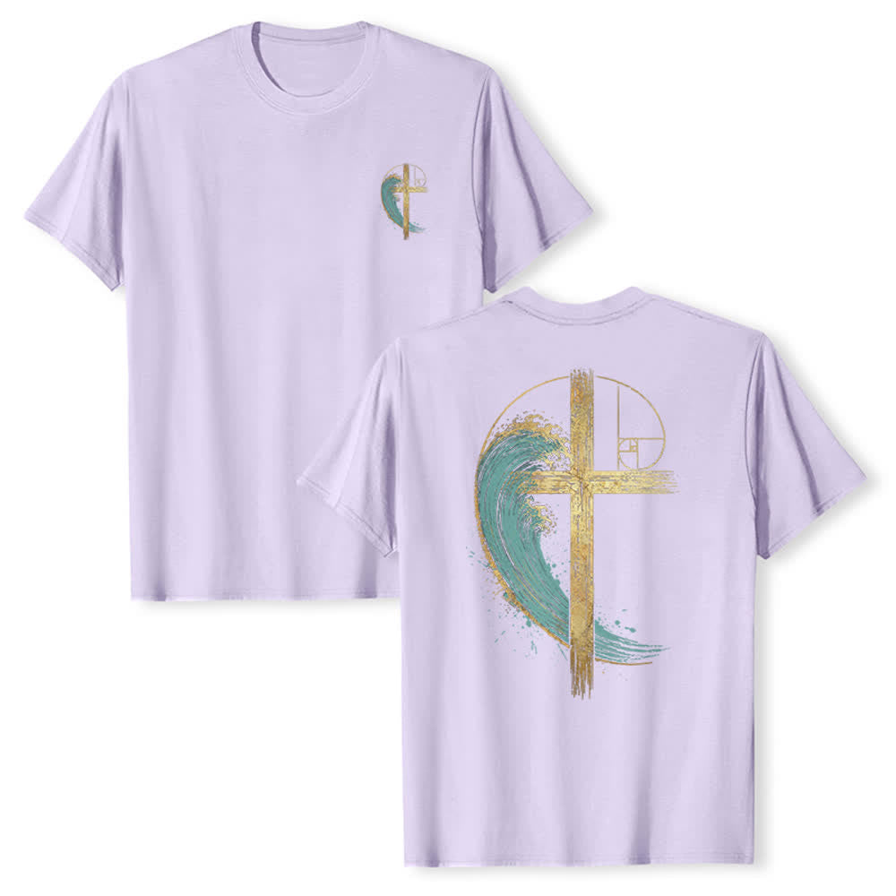 Christianartworkshop Klassisches T-Shirt mit goldenem Kreuz, Wellen, Fibonacci-Folgen und beidseitigem Druck - Lila - 2XL - image 24