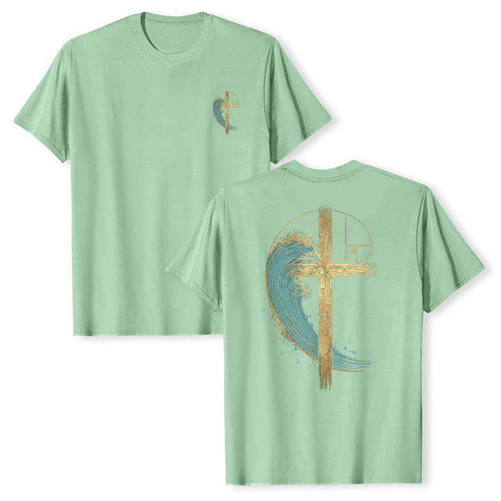Christianartworkshop Klassisches T-Shirt mit goldenem Kreuz, Wellen, Fibonacci-Folgen und beidseitigem Druck - Hellgrün - 2XL - image 0