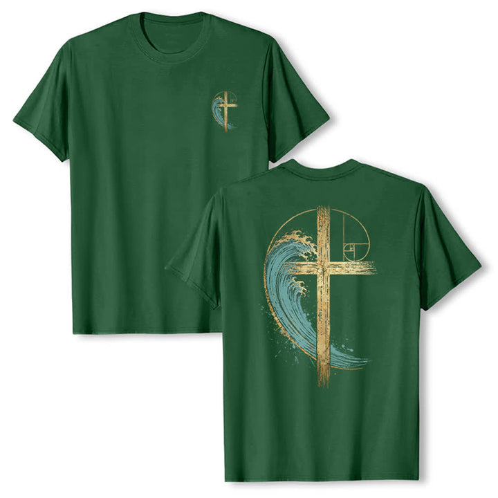 Christianartworkshop Klassisches T-Shirt mit goldenem Kreuz, Wellen, Fibonacci-Folgen und beidseitigem Druck - Dunkelgrün - 2XL - image 15