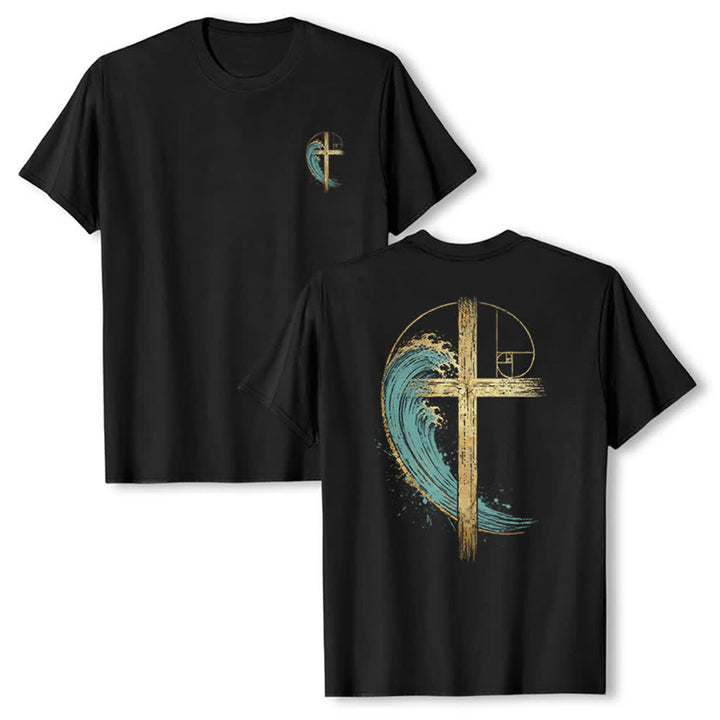 Christianartworkshop Klassisches T-Shirt mit goldenem Kreuz, Wellen, Fibonacci-Folgen und beidseitigem Druck - Schwarz - 2XL - image 18
