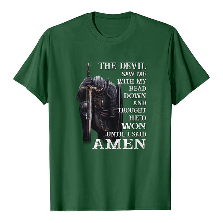 Christianartworkshop Kniender Krieger – Der Teufel dachte, er hätte gewonnen, bis ich Amen sagte – Klassisches T-Shirt mit Aufdruck - Dunkelgrün - 2XL - image 6