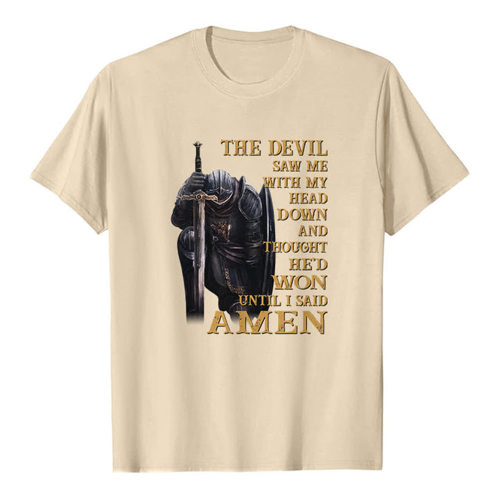 Christianartworkshop Kniender Krieger – Der Teufel dachte, er hätte gewonnen, bis ich Amen sagte – Klassisches T-Shirt mit Aufdruck - Beige - 2XL - image 4