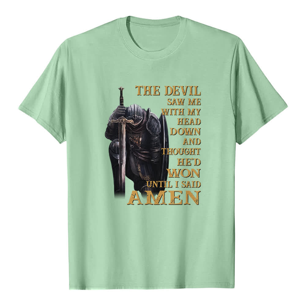 Christianartworkshop Kniender Krieger – Der Teufel dachte, er hätte gewonnen, bis ich Amen sagte – Klassisches T-Shirt mit Aufdruck - Hellgrün - 2XL - image 1