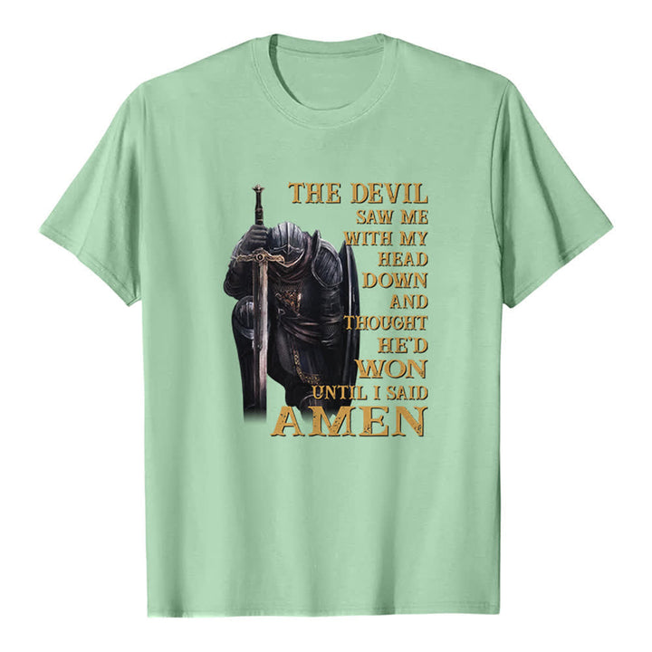 Christianartworkshop Kniender Krieger – Der Teufel dachte, er hätte gewonnen, bis ich Amen sagte – Klassisches T-Shirt mit Aufdruck - Hellgrün - 2XL - image 1