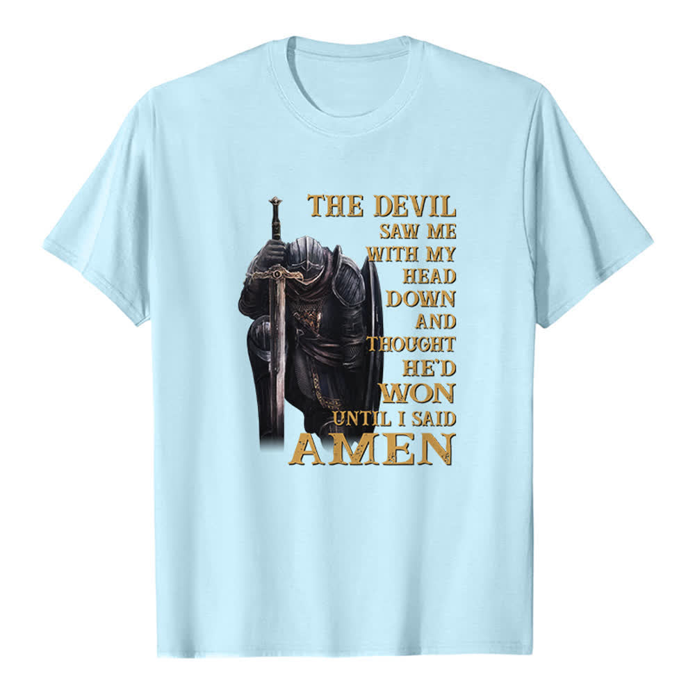 Christianartworkshop Kniender Krieger – Der Teufel dachte, er hätte gewonnen, bis ich Amen sagte – Klassisches T-Shirt mit Aufdruck - Blau - 2XL - image 8