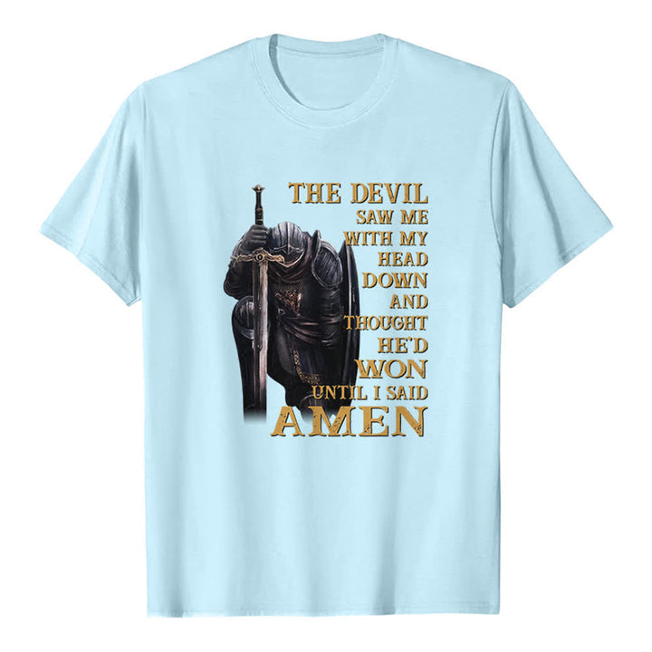 Christianartworkshop Kniender Krieger – Der Teufel dachte, er hätte gewonnen, bis ich Amen sagte – Klassisches T-Shirt mit Aufdruck - Blau - 2XL - image 8