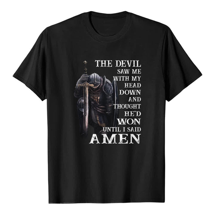 Christianartworkshop Kniender Krieger – Der Teufel dachte, er hätte gewonnen, bis ich Amen sagte – Klassisches T-Shirt mit Aufdruck - Schwarz - 2XL - image 7