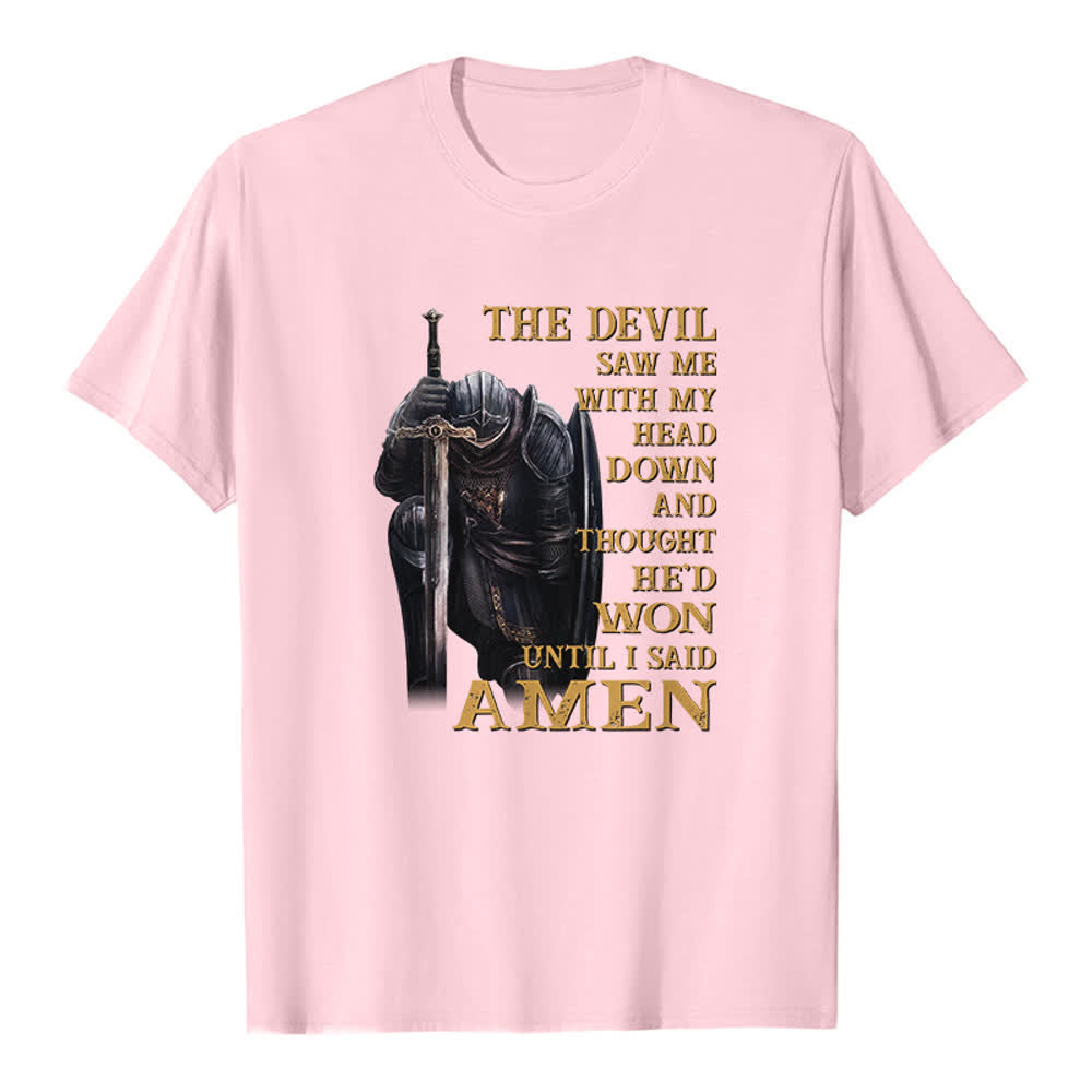 Christianartworkshop Kniender Krieger – Der Teufel dachte, er hätte gewonnen, bis ich Amen sagte – Klassisches T-Shirt mit Aufdruck - Rosa - 2XL - image 2