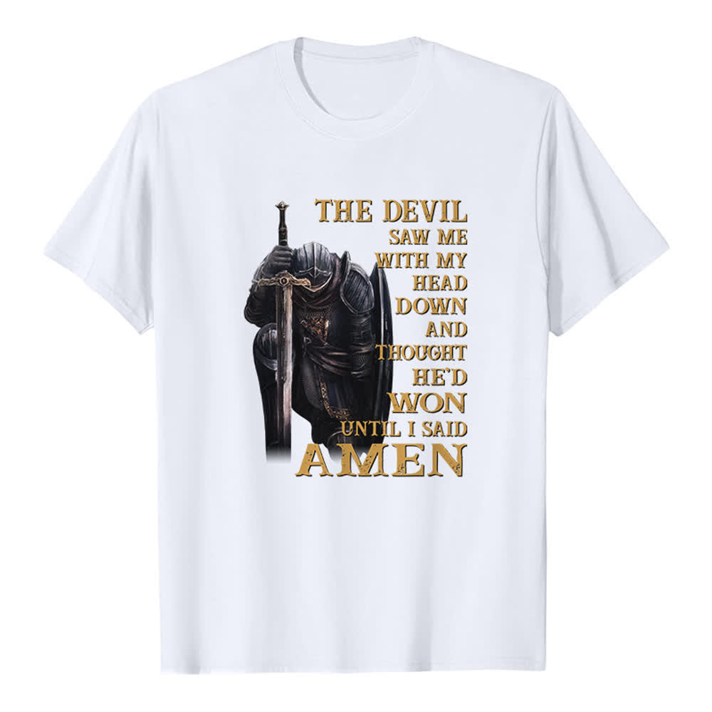 Christianartworkshop Kniender Krieger – Der Teufel dachte, er hätte gewonnen, bis ich Amen sagte – Klassisches T-Shirt mit Aufdruck - Weiß - 2XL - image 3
