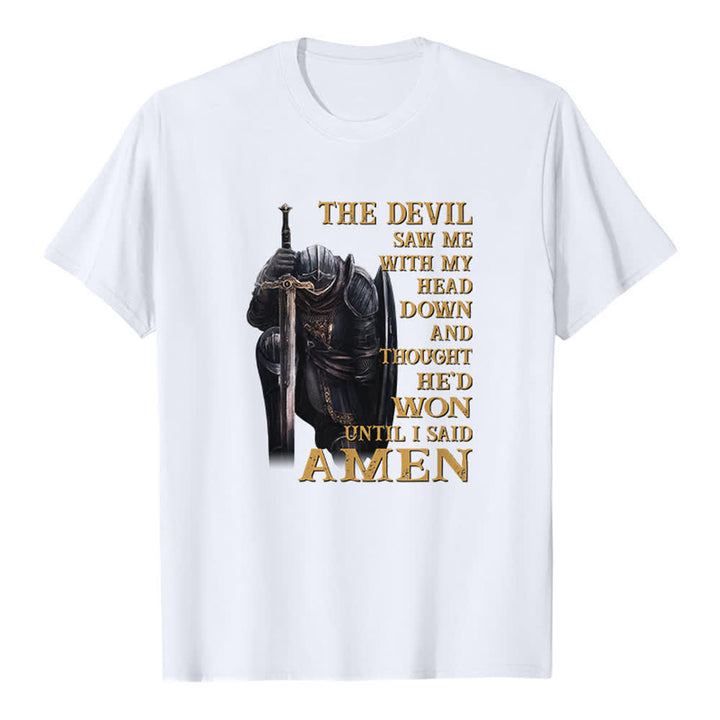 Christianartworkshop Kniender Krieger – Der Teufel dachte, er hätte gewonnen, bis ich Amen sagte – Klassisches T-Shirt mit Aufdruck - Weiß - 2XL - image 3