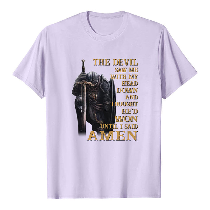 Christianartworkshop Kniender Krieger – Der Teufel dachte, er hätte gewonnen, bis ich Amen sagte – Klassisches T-Shirt mit Aufdruck - Lila - 2XL - image 0