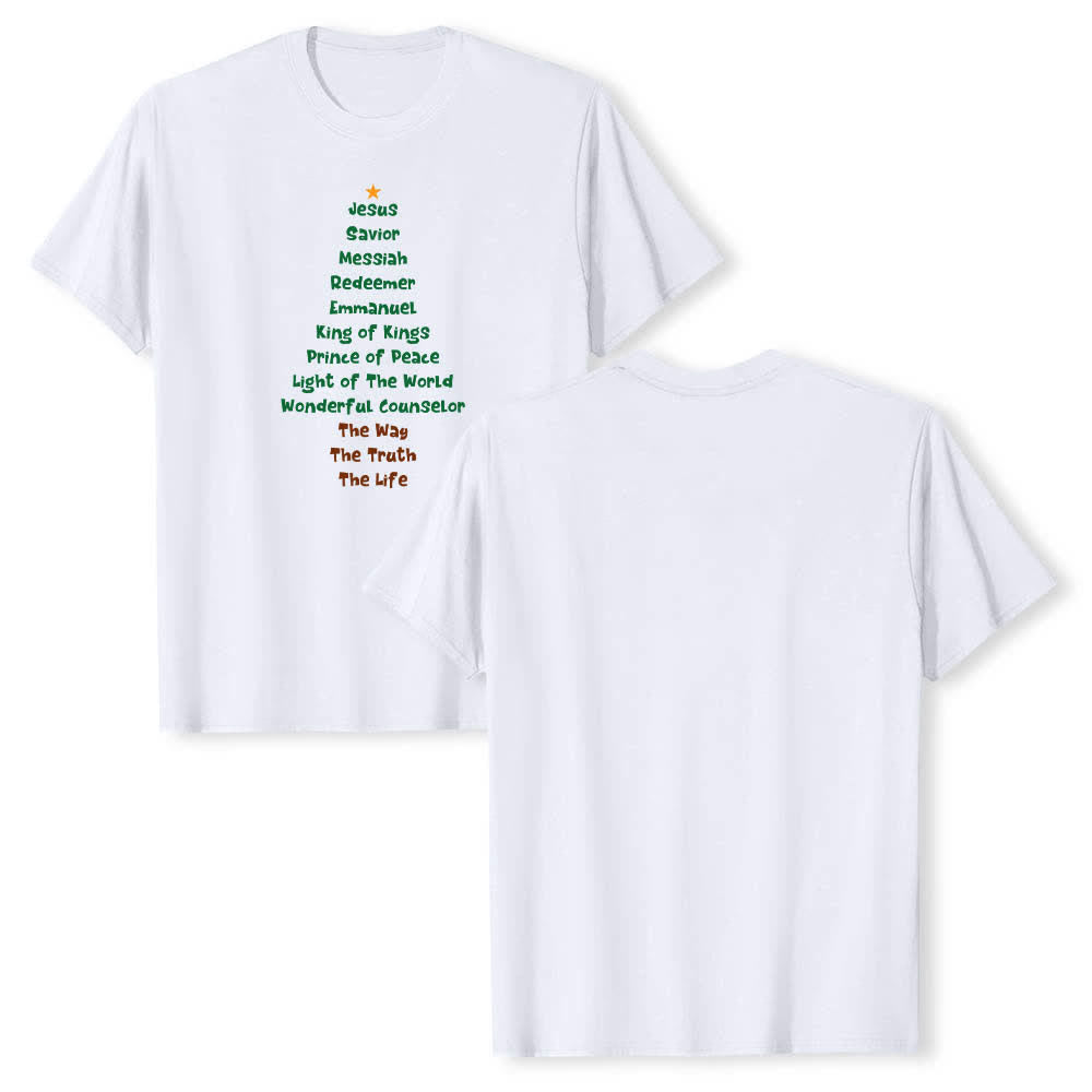 Christianartworkshop Klassisches T-Shirt mit doppelseitigem Jesusnamen-Weihnachtsbaum-Buchstabendruck - Weiß - 2XL - image 18
