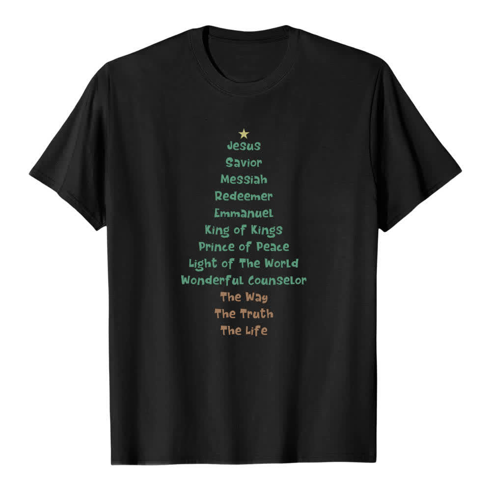 Christianartworkshop Klassisches T-Shirt mit doppelseitigem Jesusnamen-Weihnachtsbaum-Buchstabendruck - image 4