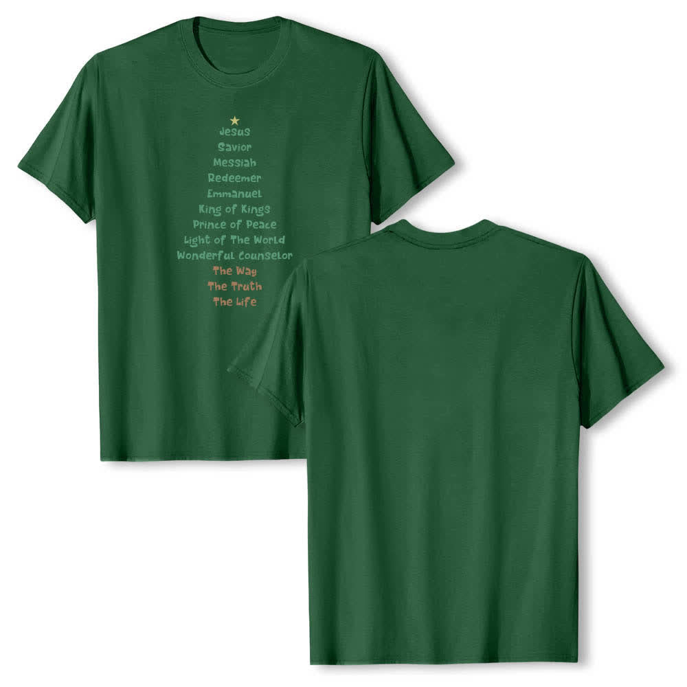 Christianartworkshop Klassisches T-Shirt mit doppelseitigem Jesusnamen-Weihnachtsbaum-Buchstabendruck - Dunkelgrün - 2XL - image 0