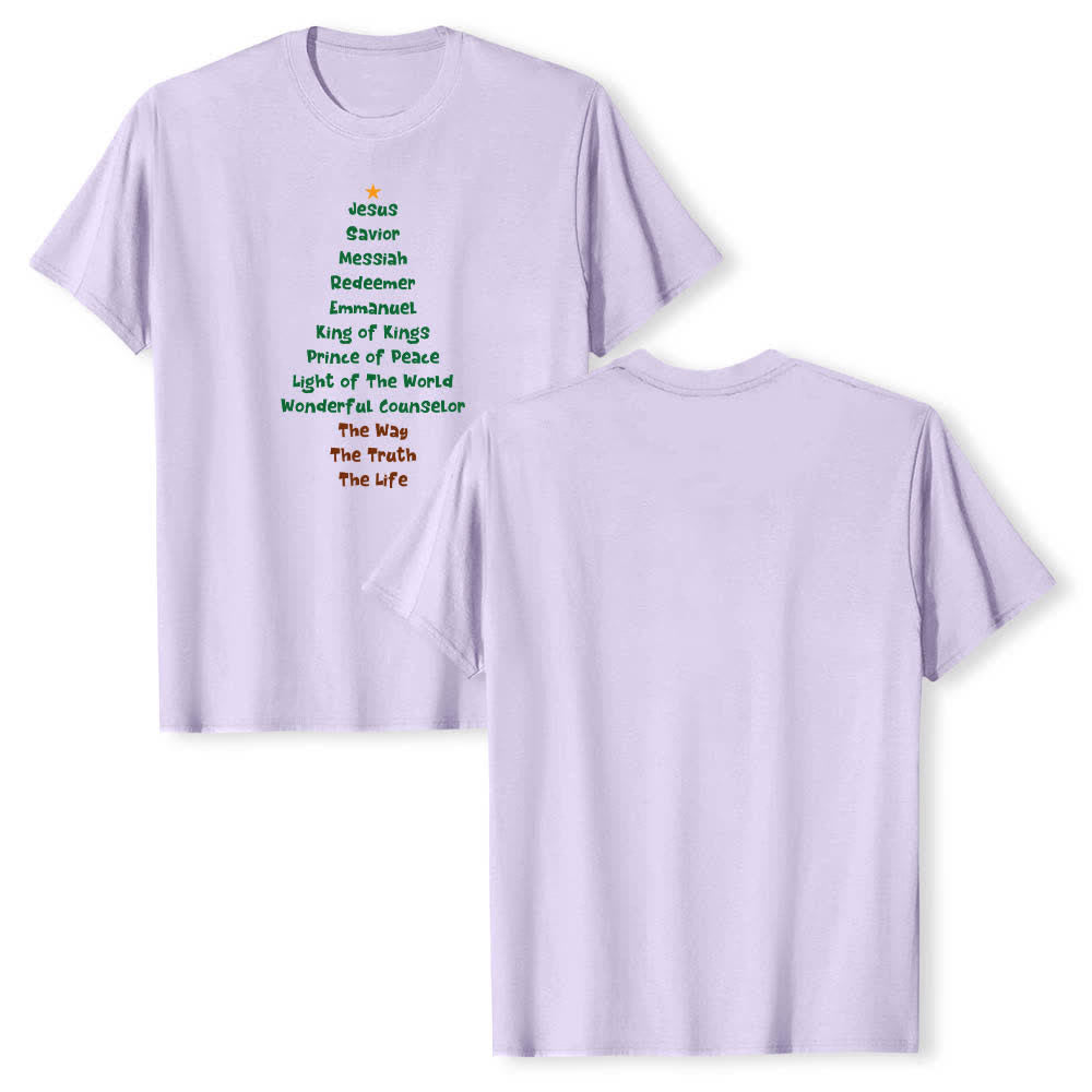 Christianartworkshop Klassisches T-Shirt mit doppelseitigem Jesusnamen-Weihnachtsbaum-Buchstabendruck - Lila - 2XL - image 9