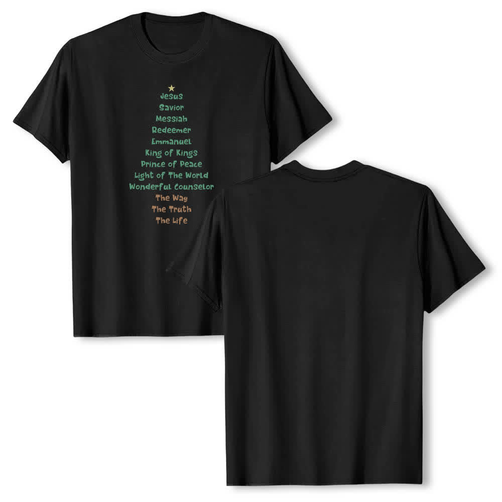 Christianartworkshop Klassisches T-Shirt mit doppelseitigem Jesusnamen-Weihnachtsbaum-Buchstabendruck - Schwarz - 2XL - image 3