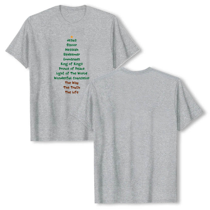 Christianartworkshop Klassisches T-Shirt mit doppelseitigem Jesusnamen-Weihnachtsbaum-Buchstabendruck - Grau - 2XL - image 24