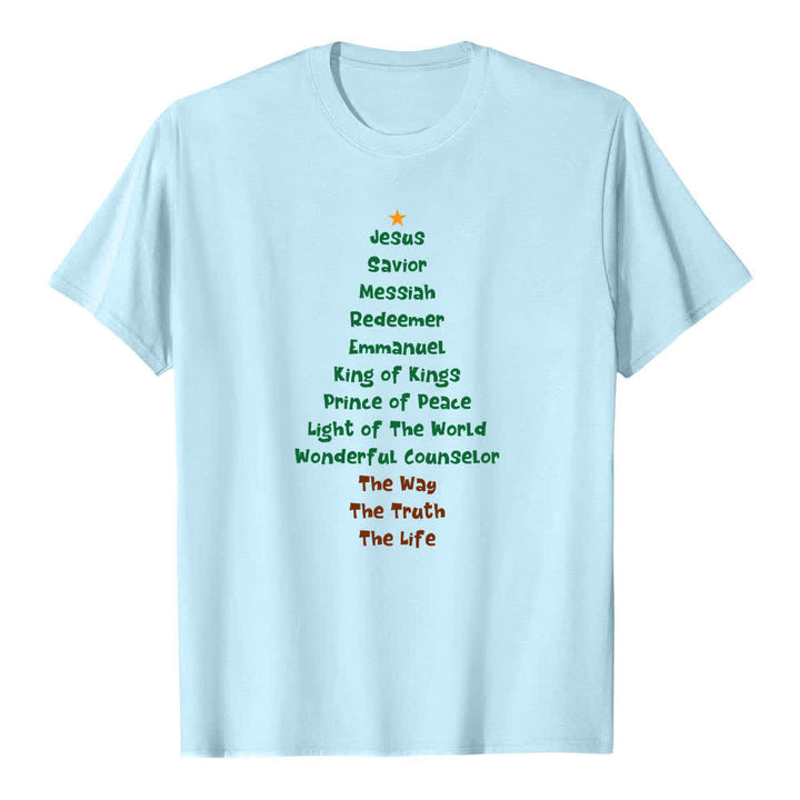 Christianartworkshop Klassisches T-Shirt mit doppelseitigem Jesusnamen-Weihnachtsbaum-Buchstabendruck - image 7
