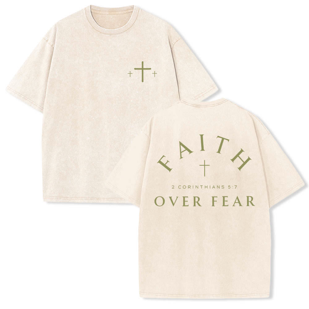 Christianartworkshop Doppelseitig bedrucktes, gewaschenes T-Shirt mit Kreuz-Schriftzug „Glaube über Angst“. - Beige - 5XL - image 21