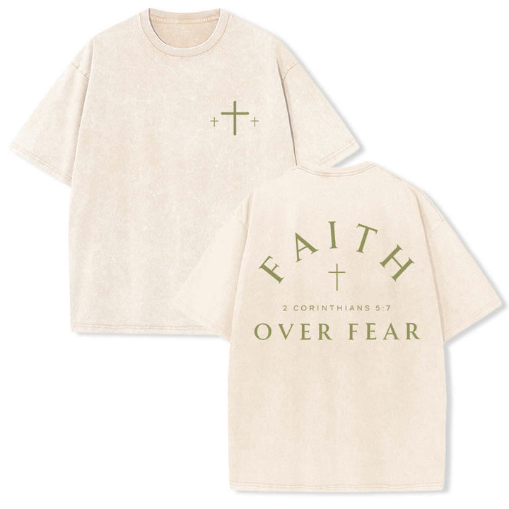Christianartworkshop Doppelseitig bedrucktes, gewaschenes T-Shirt mit Kreuz-Schriftzug „Glaube über Angst“. - Beige - 5XL - image 21