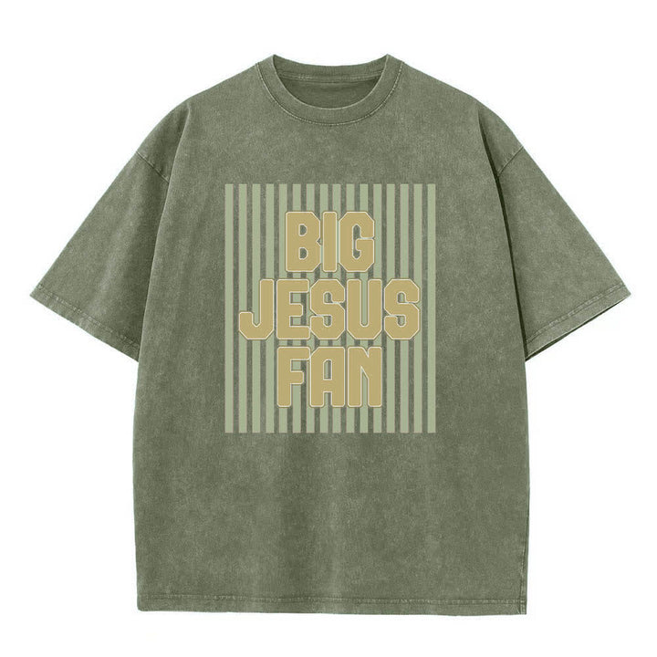 Christianartworkshop Doppelseitiges T-Shirt mit großem Jesus-Fächer, gestreiftem Buchstabenprint, gewaschen - Armeegrün - 5XL - image 3