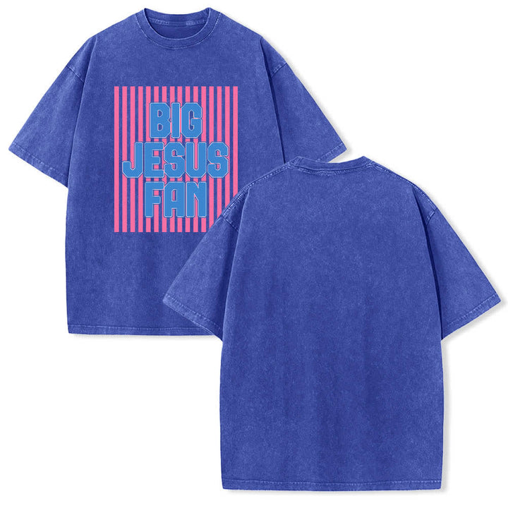 Christianartworkshop Doppelseitiges T-Shirt mit großem Jesus-Fan-Streifen-Buchstabenprint, gewaschen - Blau - 5XL - image 12