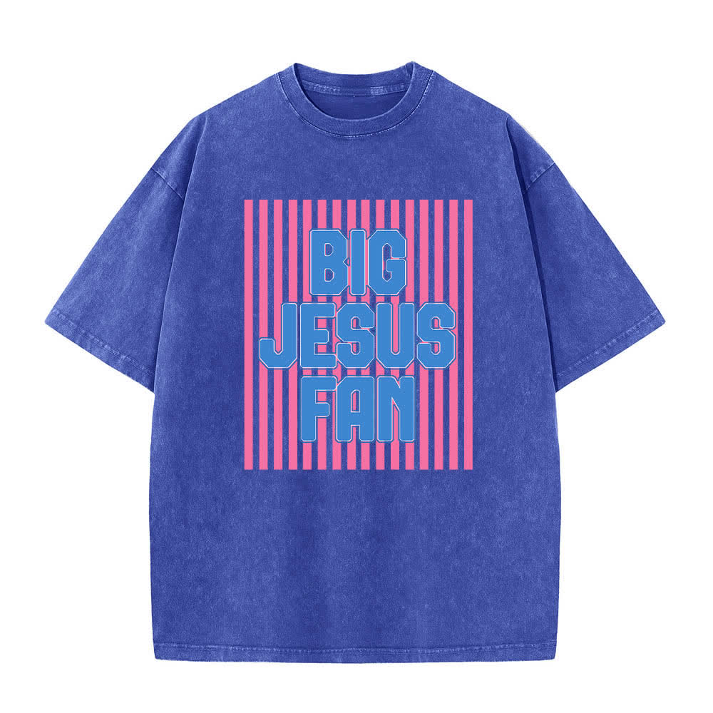 Christianartworkshop Doppelseitiges T-Shirt mit großem Jesus-Fächer, gestreiftem Buchstabenprint, gewaschen - Blau - 5XL - image 4