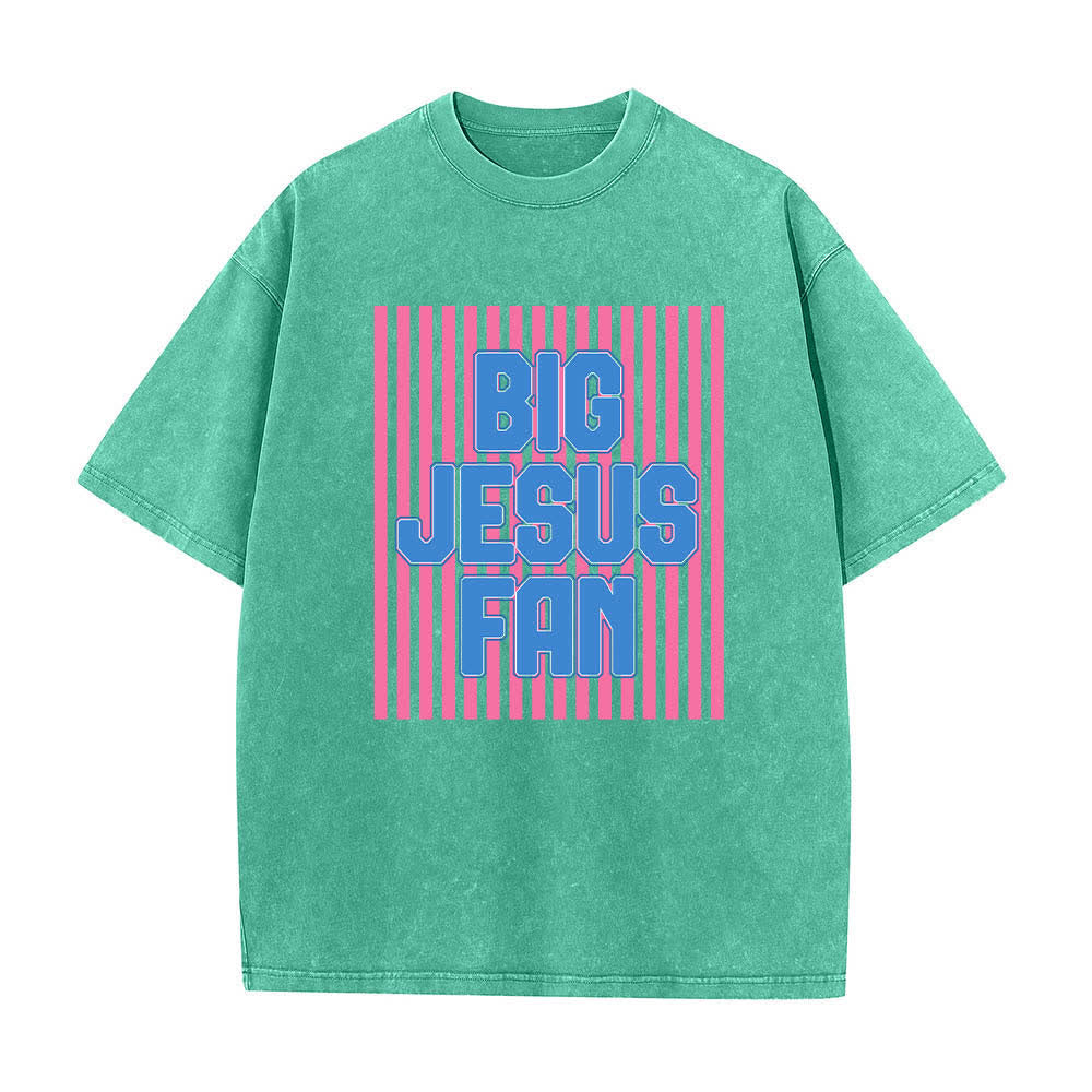 Christianartworkshop Doppelseitiges T-Shirt mit großem Jesus-Fächer, gestreiftem Buchstabenprint, gewaschen - Grün - 5XL - image 7