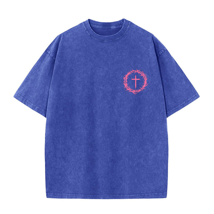 Christianartworkshop Doppelseitiges, gewaschenes T-Shirt mit Dornenkrone-Kreuz-Buchstabenprint - image 17