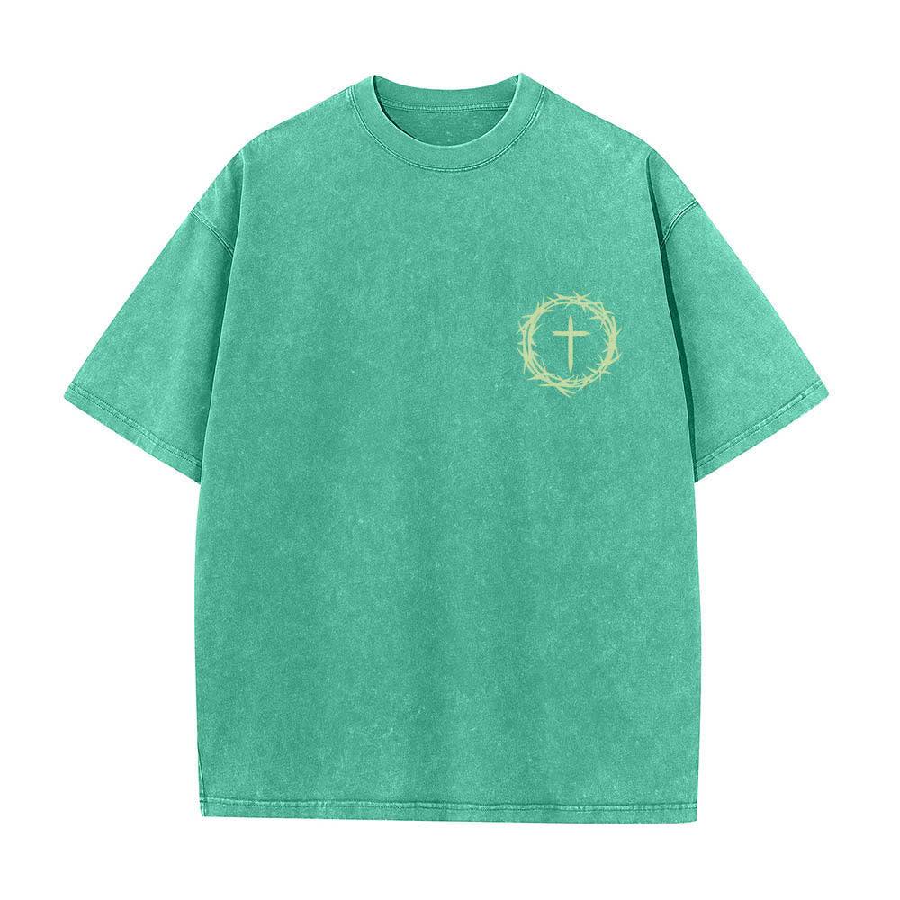 Christianartworkshop Doppelseitiges, gewaschenes T-Shirt mit Dornenkrone-Kreuz-Buchstabenprint - image 26